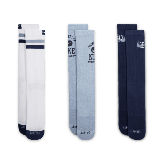 Nike Everyday Cushioned Varsity Crew Socks Blue White Grey 3-Pack